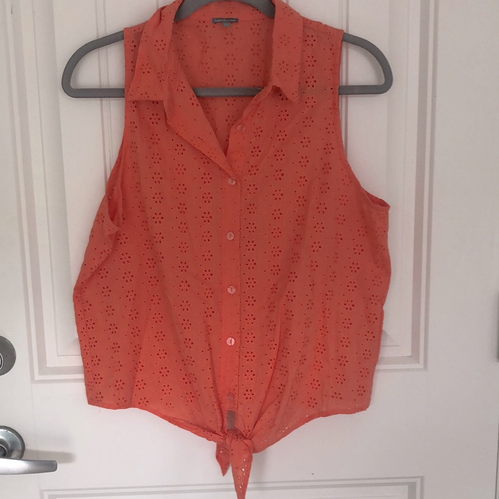 Bright coral button up top